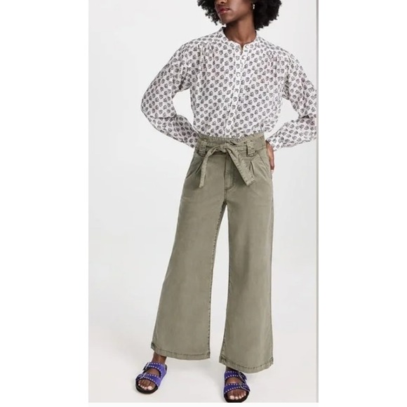 Paige Pants Womens 25 Green Harper Wide Leg High Rise Paperbag - Picture 2 of 11